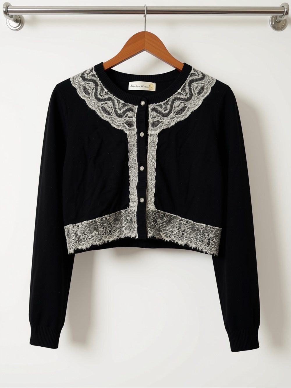 Anthropologie Black Cropped Cardigan with Cream Lace Trim